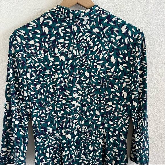 Eliza J Faux Wrap Collared Green Cream Navy Brushstroke Dress 6 - Picture 11 of 14